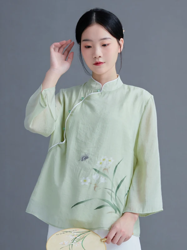 

Женская хлопково-льняная традиционная китайская блузка с воротником-стойкой, модифицированный ханьфу, большие размеры, весна-лето, одежда для чаепития