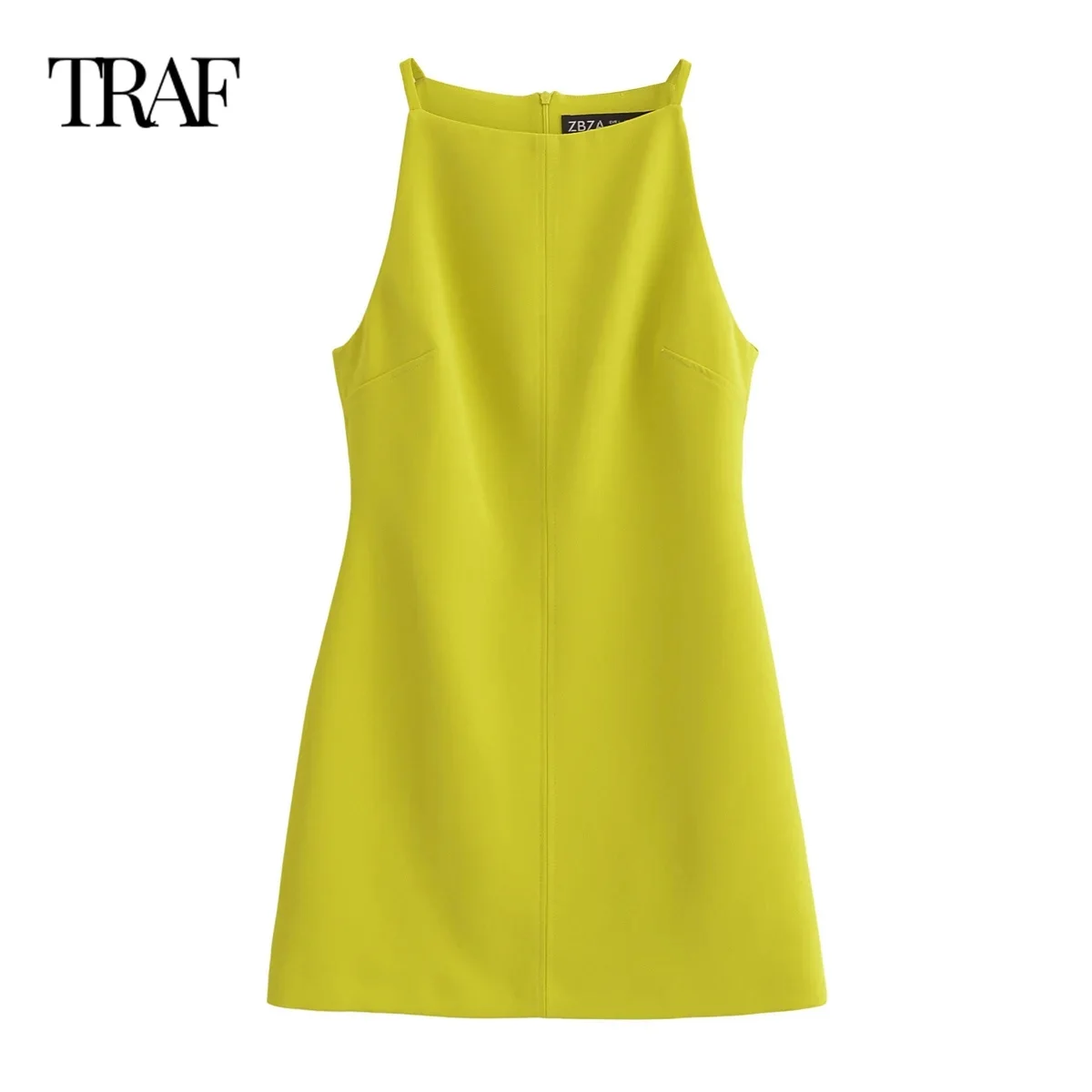 TRAF Women Fashion Summer New Solid Color Sling Back Zipper O-Neck Vest Short Dress Chic Female White Sleeveless Evening