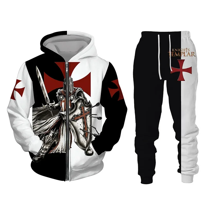 Knights Templar Men\'s Zipper Hoodie Set Cross 3D Printed Oversized Harajuku Fashion Loose Long Sleeve Casual Streetwear Autumn