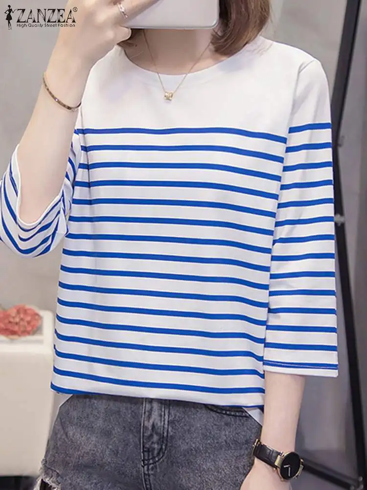 ZANZEA Casual Loose Striped Shirts Blouses Women 2024 Korean Fashion Color Blocking Summer Blusas Mujer Elegant 3/4 Sleeve Tops