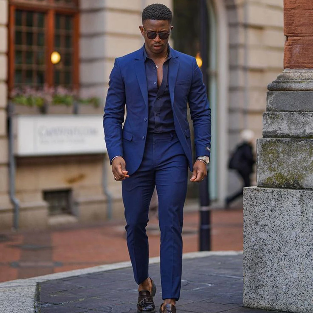 

Luxury Blue Men's Suits Single Breasted Two Pieces Jacket Pants Blazers Sets Formal Business Banquet Party Costume Homme