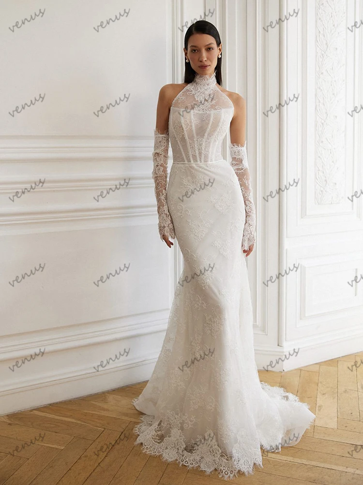 Abiti da sposa vintage Abiti da sposa glamour Abiti a strati in pizzo Scollo all'americana Lunghezza pavimento Abiti glamour da sposa Personalizzati