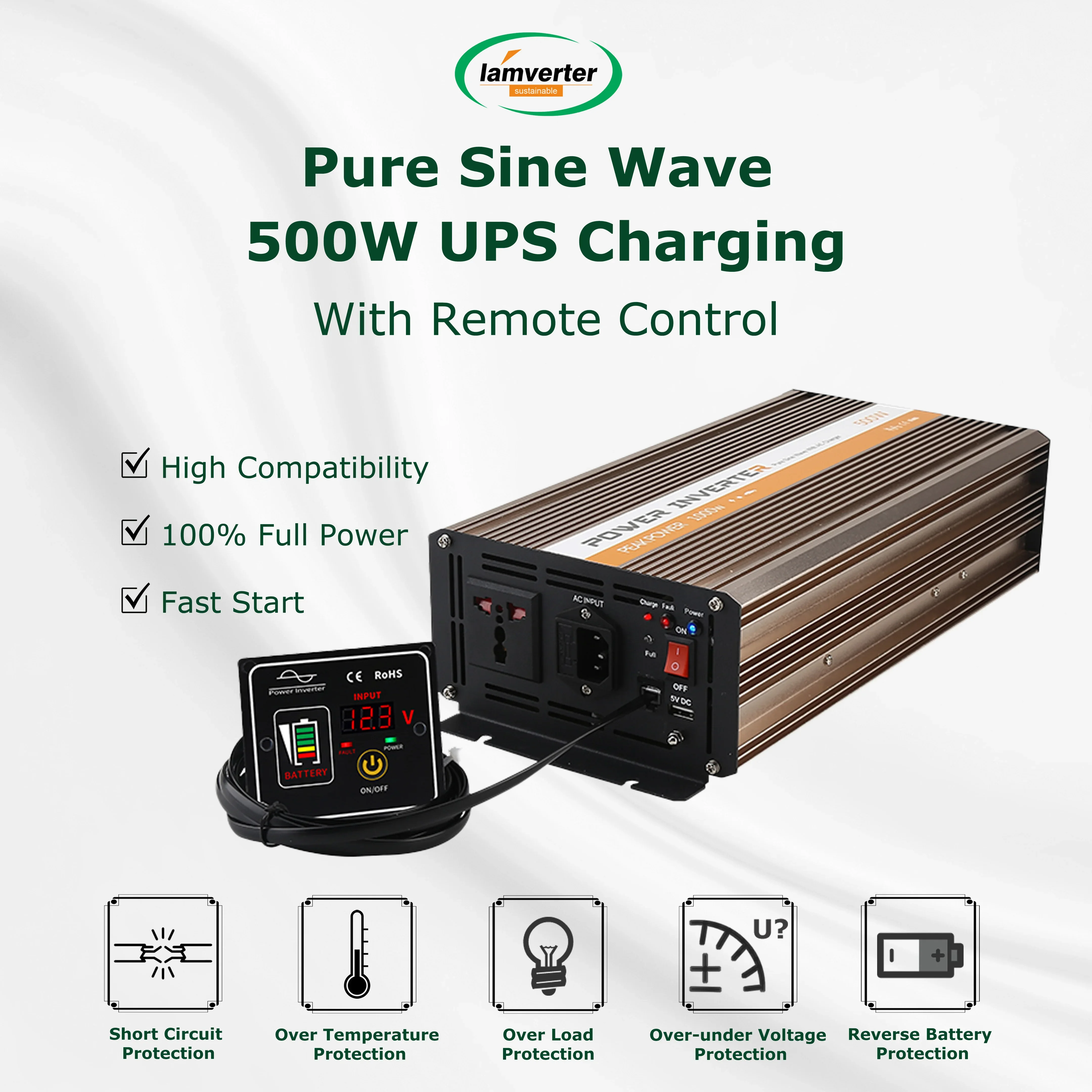 OEM new design High Frequency DC to AC 500W UPS Power Inverter With Fast Battery Charger