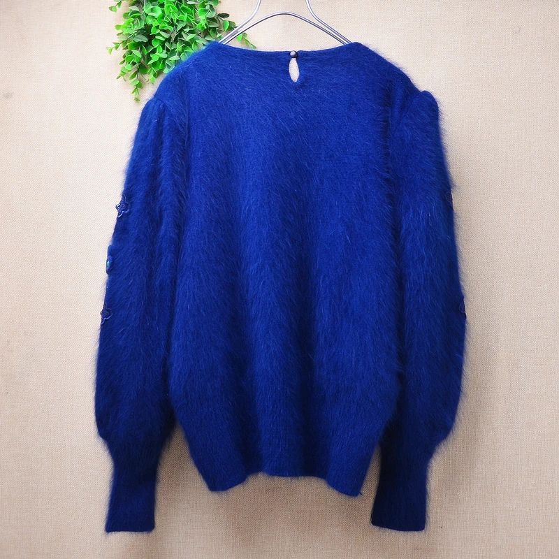 Ladies Women Autumn Winter Vintage Embroidery Beading Angora Rabbit Hair Knitted O-Neck Long Lantern Sleeve Loose Sweater Jumper