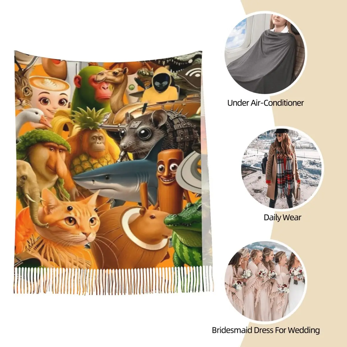 وشاح نسائي مع شرابة برينروت إيطالي مضحك AI ميمي طويل ناعم دافئ شال لف هدايا تونغ صحور أوشحة الباشمينا #3