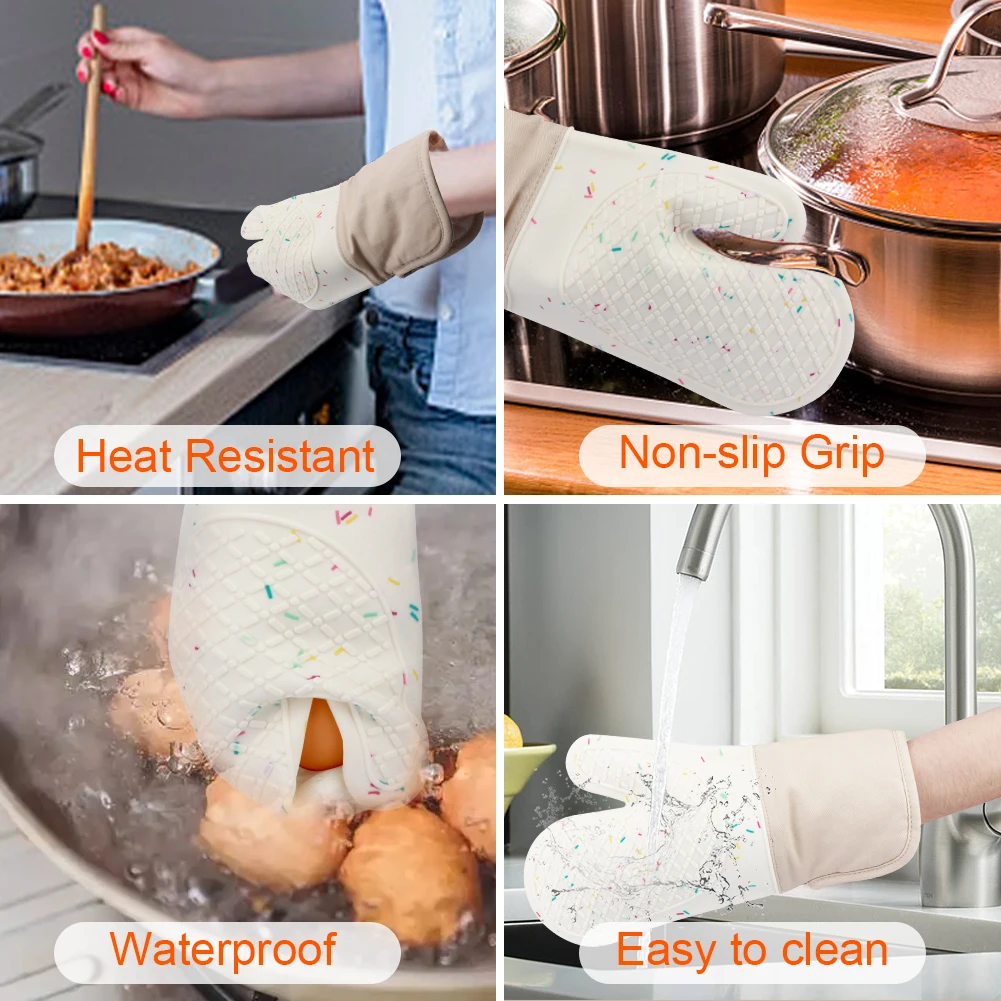 3pcs/set Heat Resistant Silicone Gloves Home Kitchen Accessories Waterproof Pot Holder BBQ Oven Mitts Pan Mat Cake Baking Tool