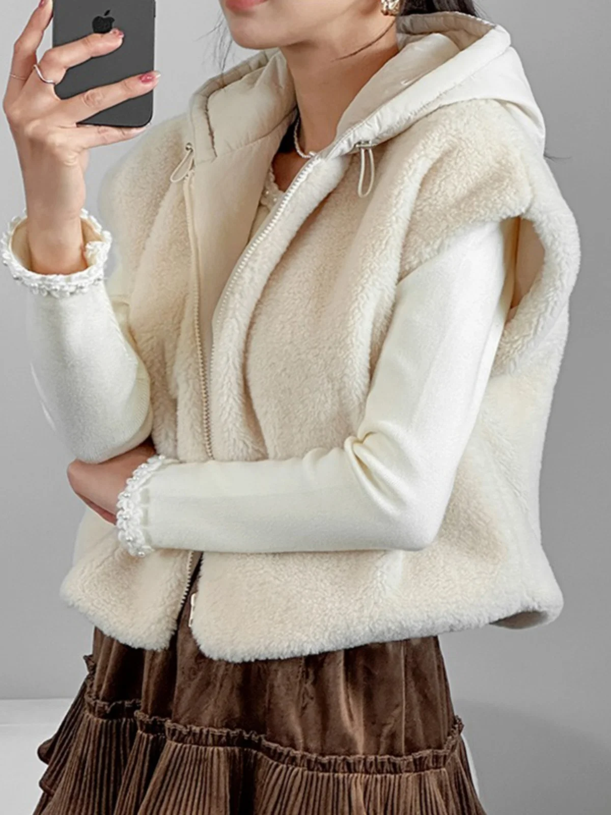 Ceco de Piel de Cordero de Doble Cara para Mujer, Abrigo de Invierno con Capucha de Aodón, Estilo Coreano, Top Moderno, ...