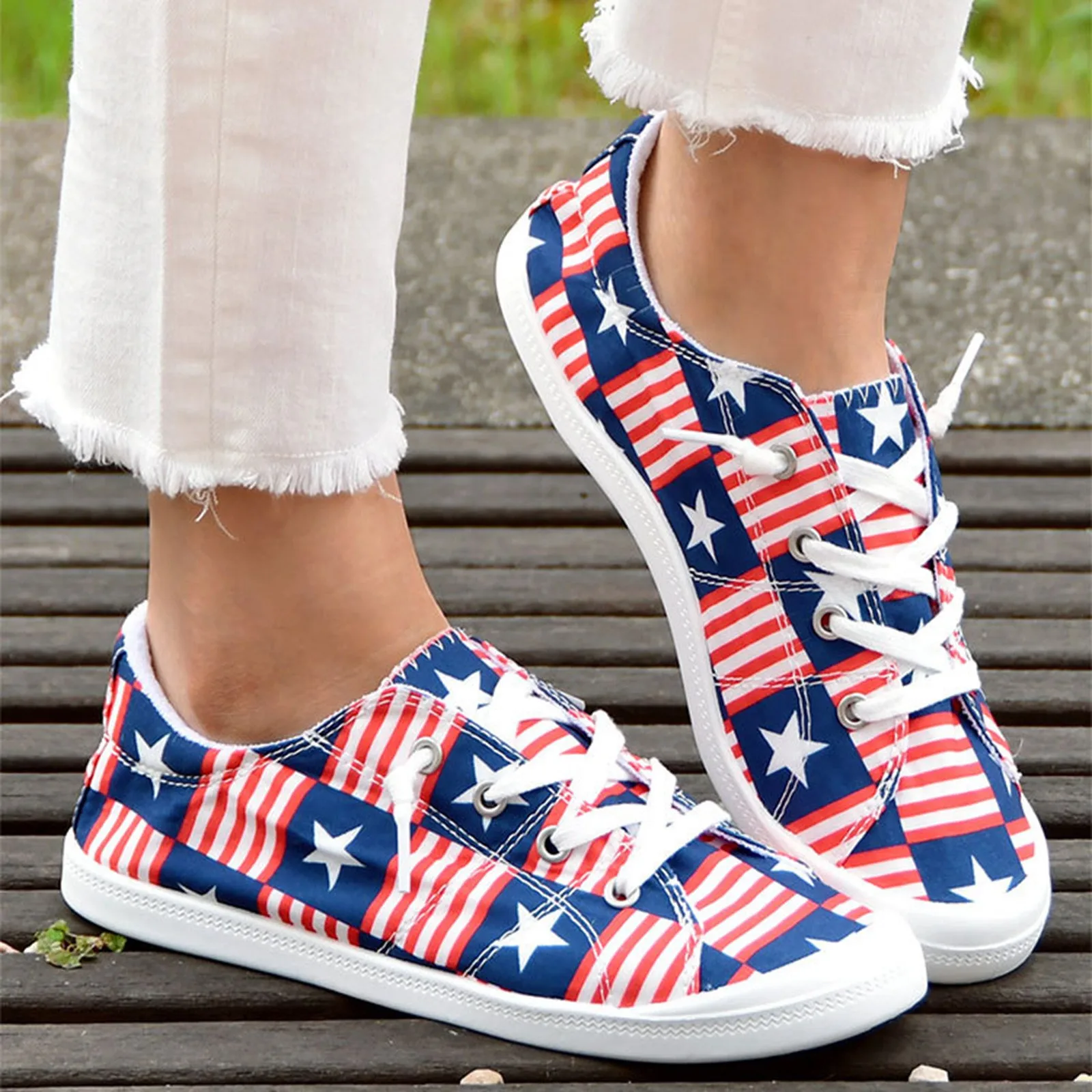 Zapatillas de lona con estampado patriótico para mujer, mocasines informales con bandera americana, estrellas y rayas, para el Día de la Independencia, cómodos y ligeros