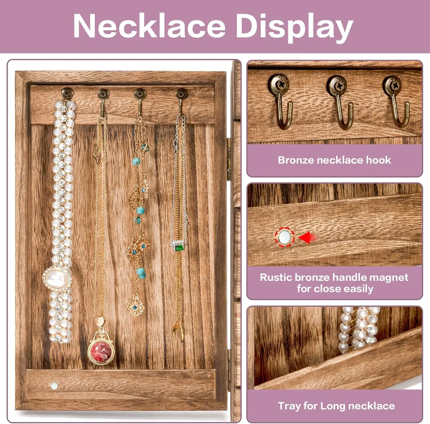 صندوق مجوهرات خشبي للنساء، صندوق منظم كبير مكون من 5 طبقات مع مرآة و4 أدراج للخواتم والأقراط والقلائد العتيقة #4