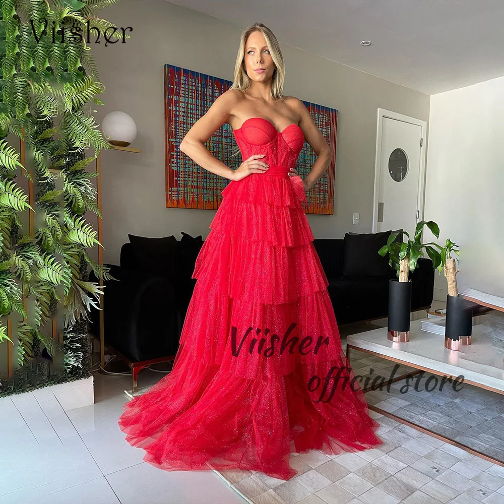 

Viisher Red Tulle A Line Prom Party Dresses Lace Corset Sweetheart Long Evening Dress for Women Celebrate Event Gowns