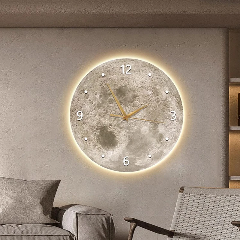 

Moon Wall Clock Silent Modern Round LED Night Light Luxury Art Decor for Living Room Bedroom Glow in The Dark Wall Decor