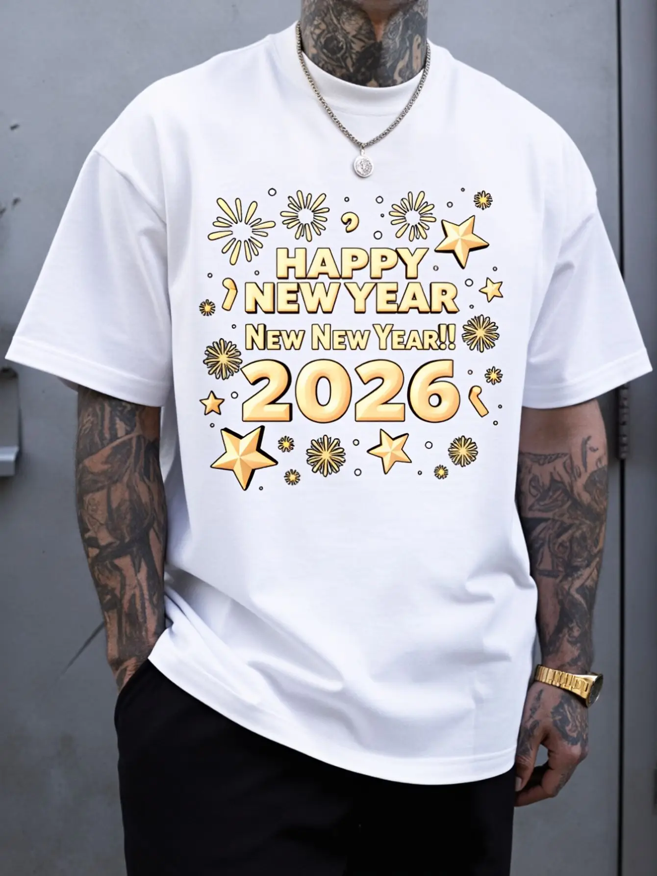 Men'S 2026 New Year Golden Print T-Shirt  Black Golden Fireworks Stars, Round Neck, Lightweight, Casual Summer Top, Suitable For Parties, Birthdays, New Year Celebrations, Machine Washable