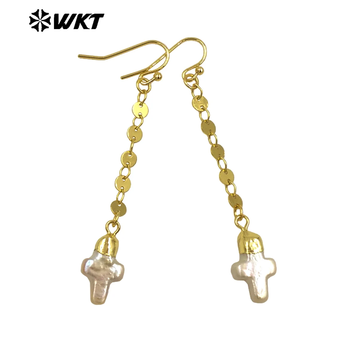 WT-MPE144  Wholesale Natural Pearl cross  connected by  circle Earring With 18k  Real Gold Plated For Women Jewelry