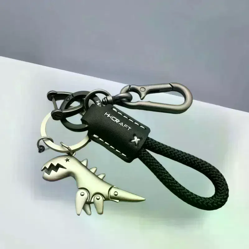 Motorcycle Decoration Accessories Little Dinosaur Car Keychain Single Leather Woven Rope Metal Keychain Handbag Pendant