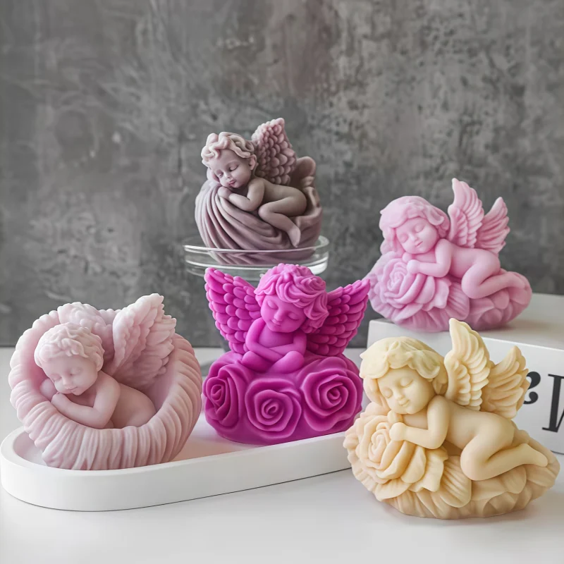 Valentine's Day Angel Silicone Candle Mold, 3D Sleeping Cherub on Rose Wax Mould for DIY Resin Plaster Gift view 5