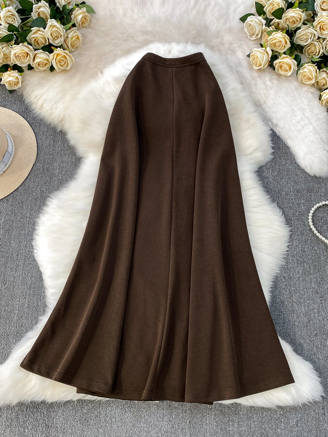 

Ce Brown Knitted High Waist Maxi Skirt Women's Faionable Slimming A-Line Midi Skirt Korean Sle Commute Friendly