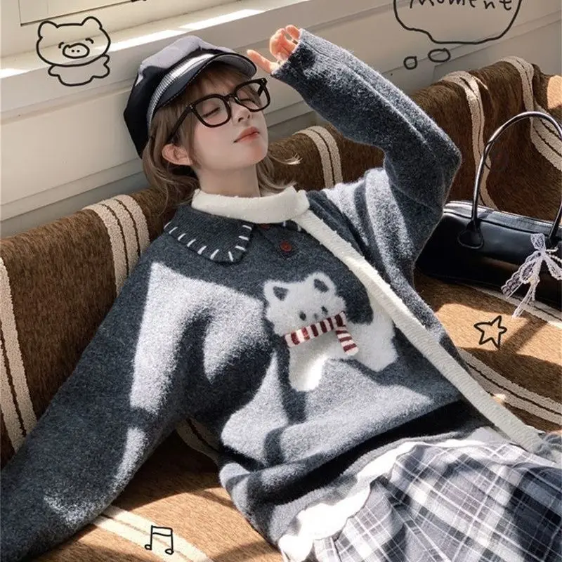 

Japan Jacquard Sweater Autumn Loose Pullover Sweater Puppy Cat Top Knitted Cute