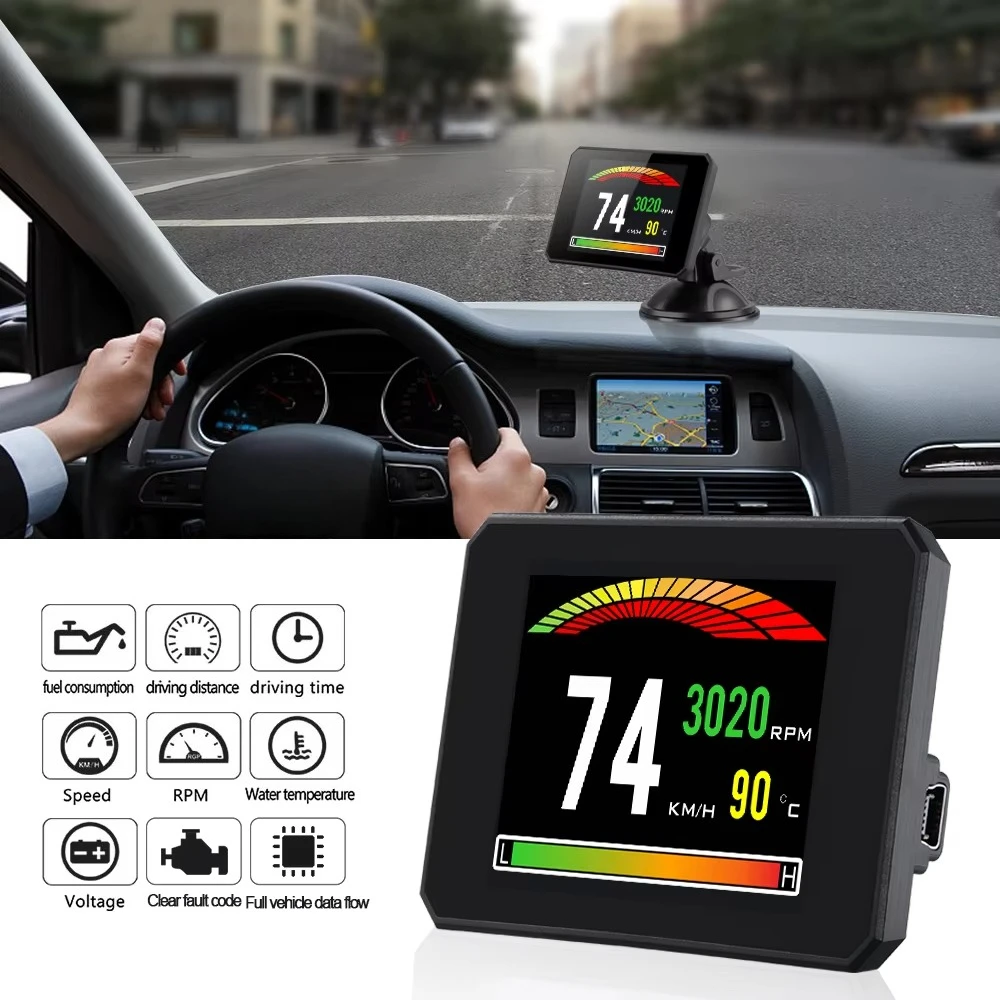 8 display mode Multi Language P16 OBD2 Smart Gauge HUD Head Display Speed Alarm Auto Meter 2.12