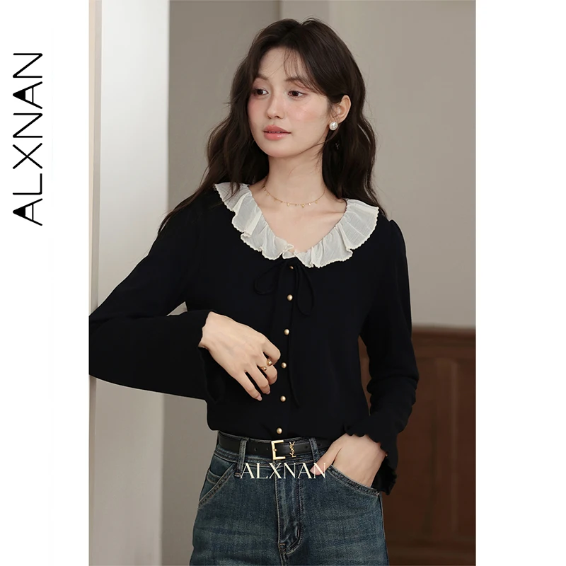 

ALXNAN Black Sweater Elegant Ruffled Collar Metal Buttons Slim-fit Women's Pullovers 2025 Fall Long Sleeve Tops Female L57062