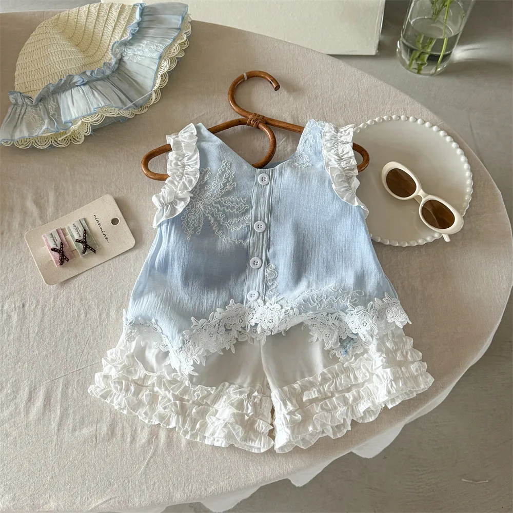 

Girls Summer Lace Vest And Shorts Set Sweet Cute Two-Piece Thin Outfit for Girls with Hat Gift