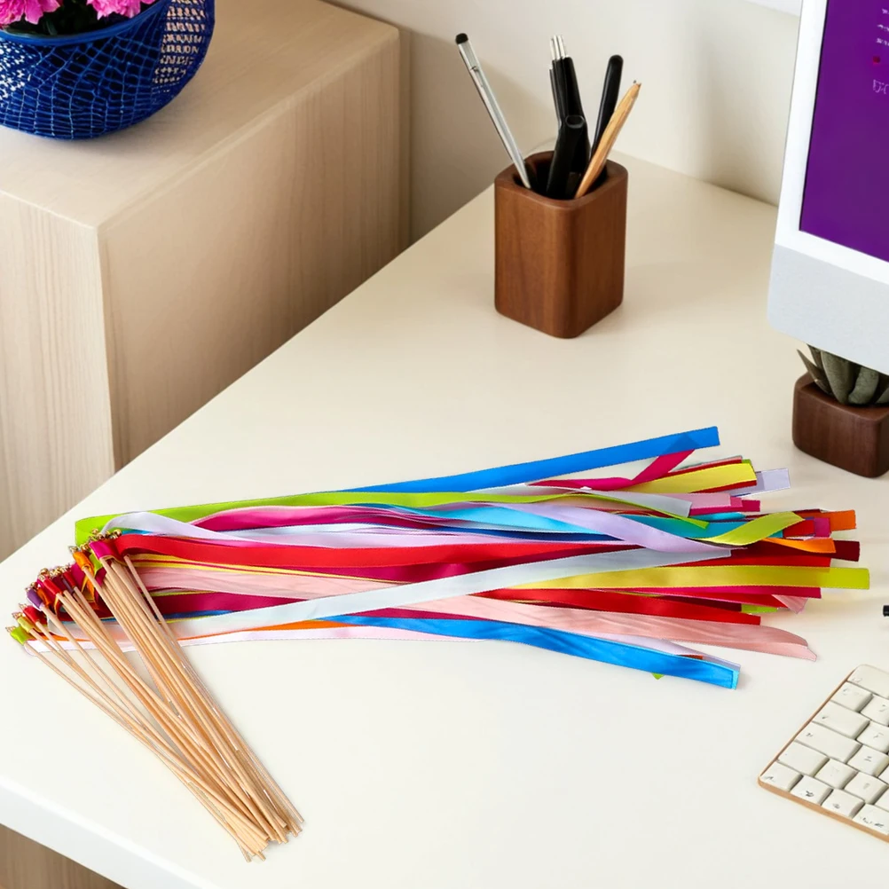 

20Pcs Ribbon Fairy Sticks Bells Wedding Streamers Party Ceremony Reception Dancing Streamer Wands Ribbon Party Streamers