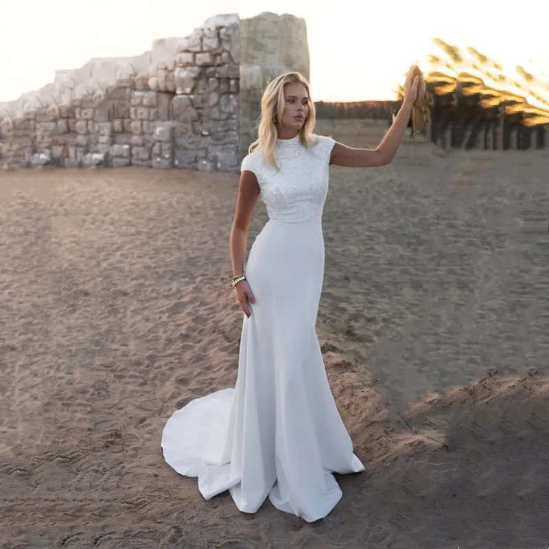 

Simple Mermaid White Wedding Dress Elegant High Neck Short Sleeves Bridal Gowns Sexy Backless Pleat Bead Sweep Train Customized