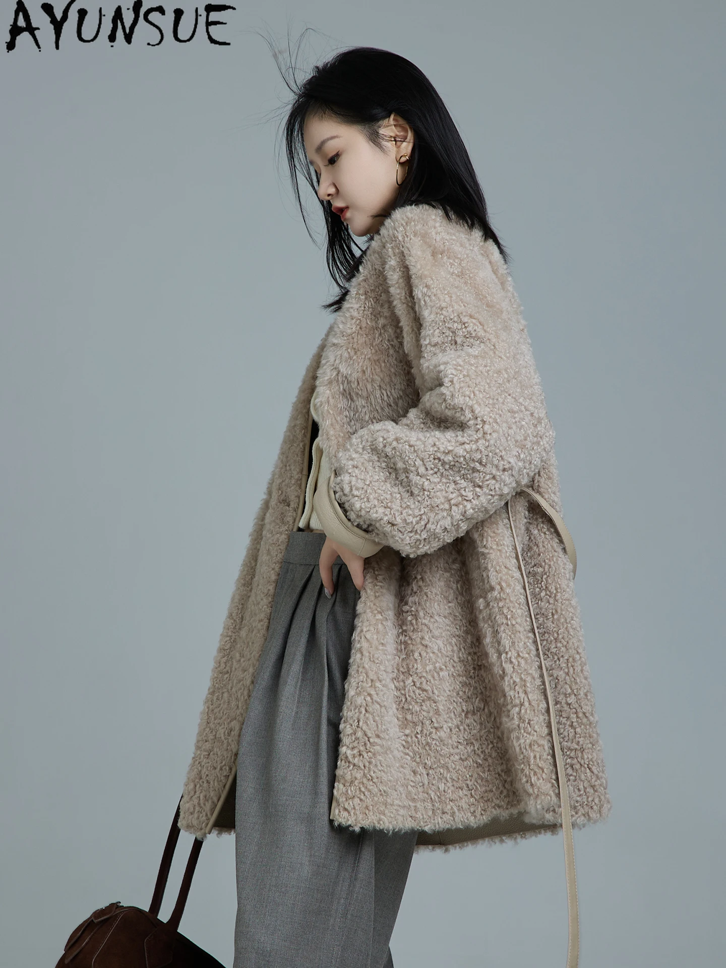 AYUNSUE 本革ジャケット女性天然シープスキンファーコート女性リアルファーコートミッドレングス冬服 2025 Шуба Женская