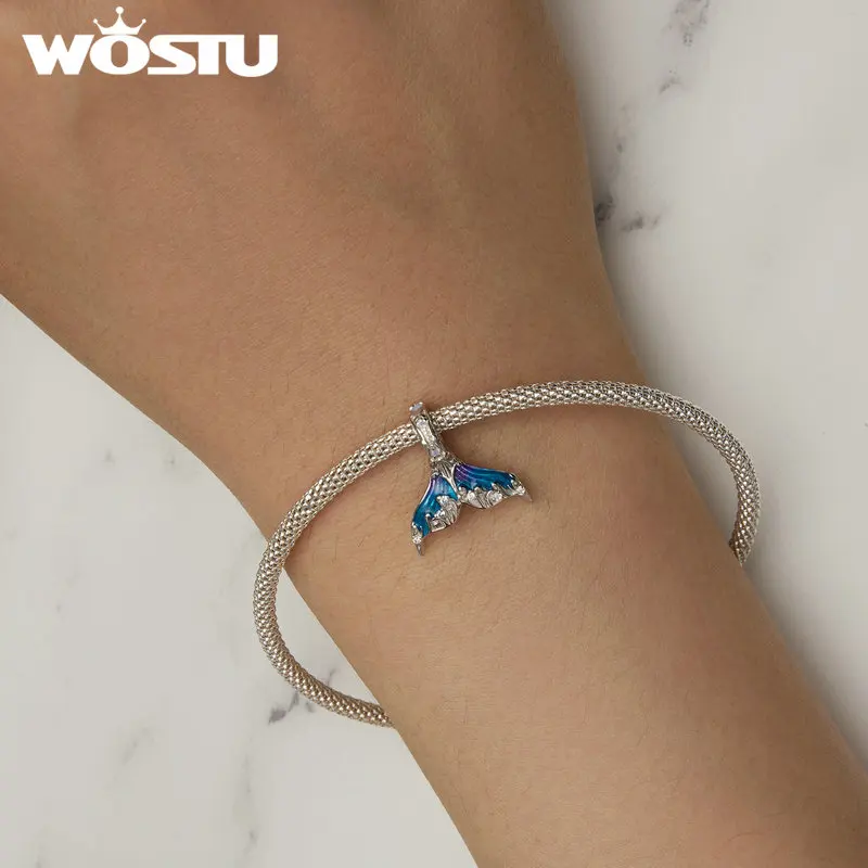 WOSTU 925 Sterling Silver Purple Ocean Charm Enamel Mermaid Tear Pendant Sea Fish Scale Fit Original Bracelet Bangle DIY Gift