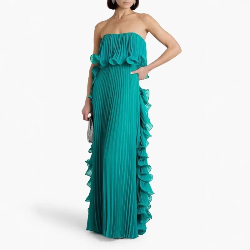 2026Trendy Women Summer Holiday Dress Orange Pleated Chiffon Long Formal Dresses Custom Made Ruffled Strapless Beach Party Dress