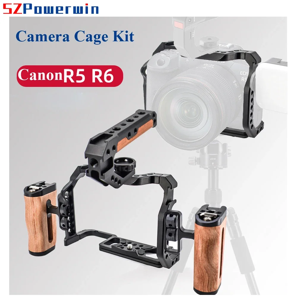 SZPowerwin Camera Cage For Canon EOS R5 R6 with Wooden Handgrid Handle Kit Aluminum Alloy Multifunctional Arri Locating Screw