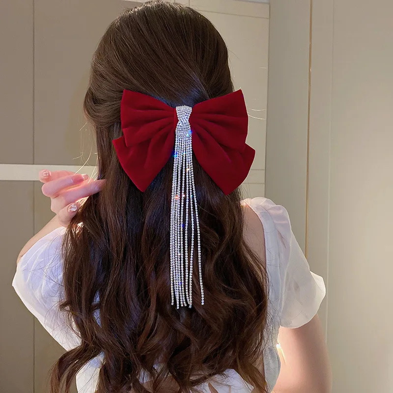 Black Red Velvet Bow Hair Pins Elegant Fabric Rhinestone Long Chain Hair Clips for Women Fashion Ponytail Heawear Accessories