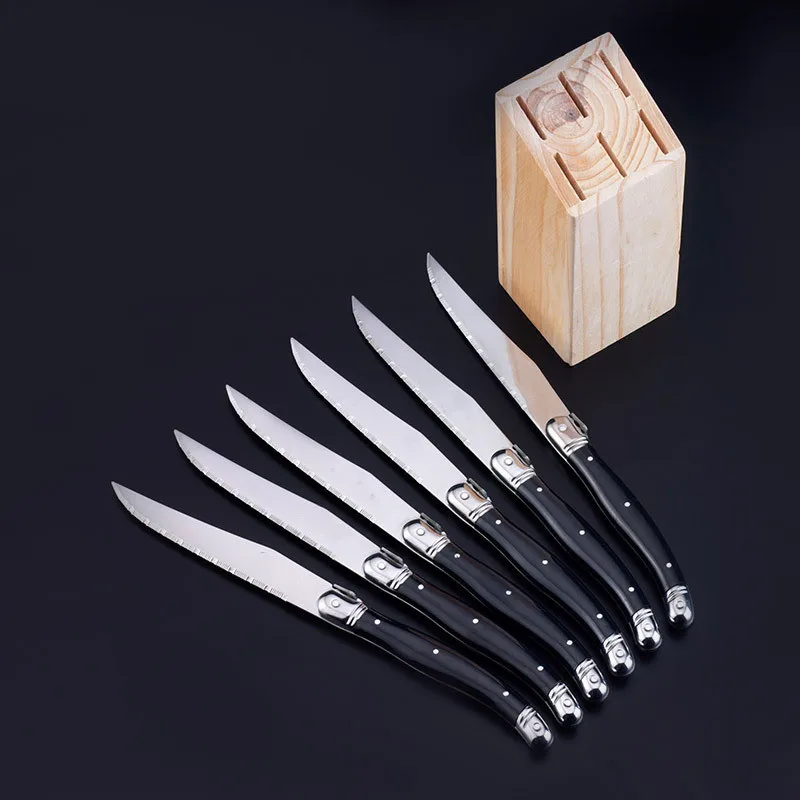 

6pcs 9inch Black Stainless Steel Steak Knives Laguiole Table Dinner Knife in Wooden Box Dinnerware set Kitchen Cutlery Set