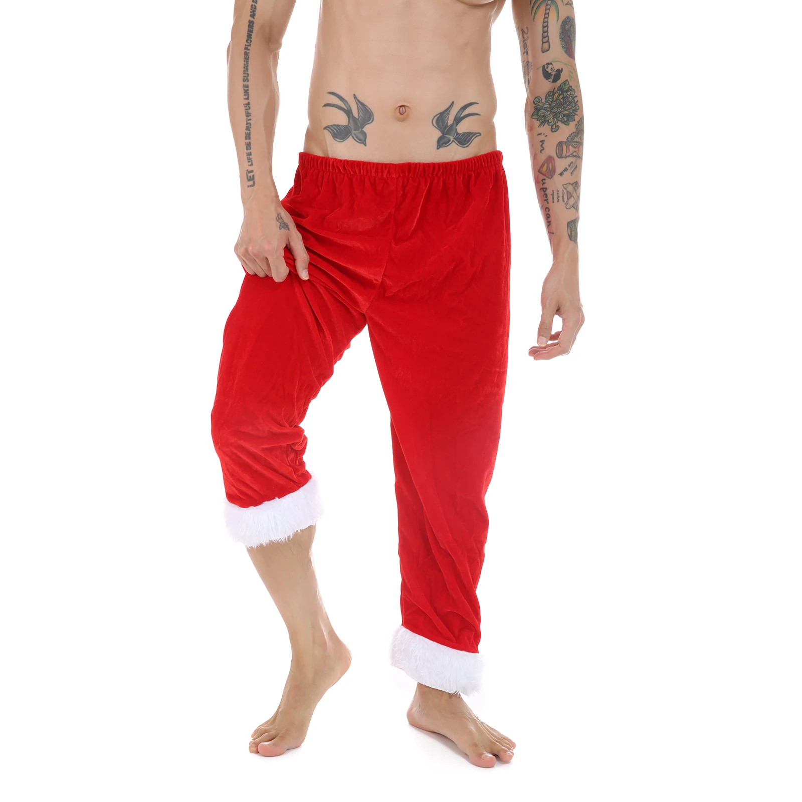 المخملية السراويل الطويلة النوم قيعان الرجال عيد الميلاد سانتا كلوز زي السراويل الحمراء ملابس نوم عيد الميلاد مهرجان عطلة الكبار تأثيري #5