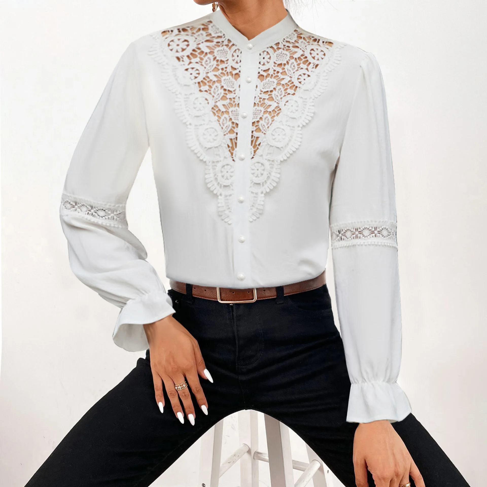 

2024 autumn European and American new solid color women's clothing lace hollow long sleeved versatile shirt for women