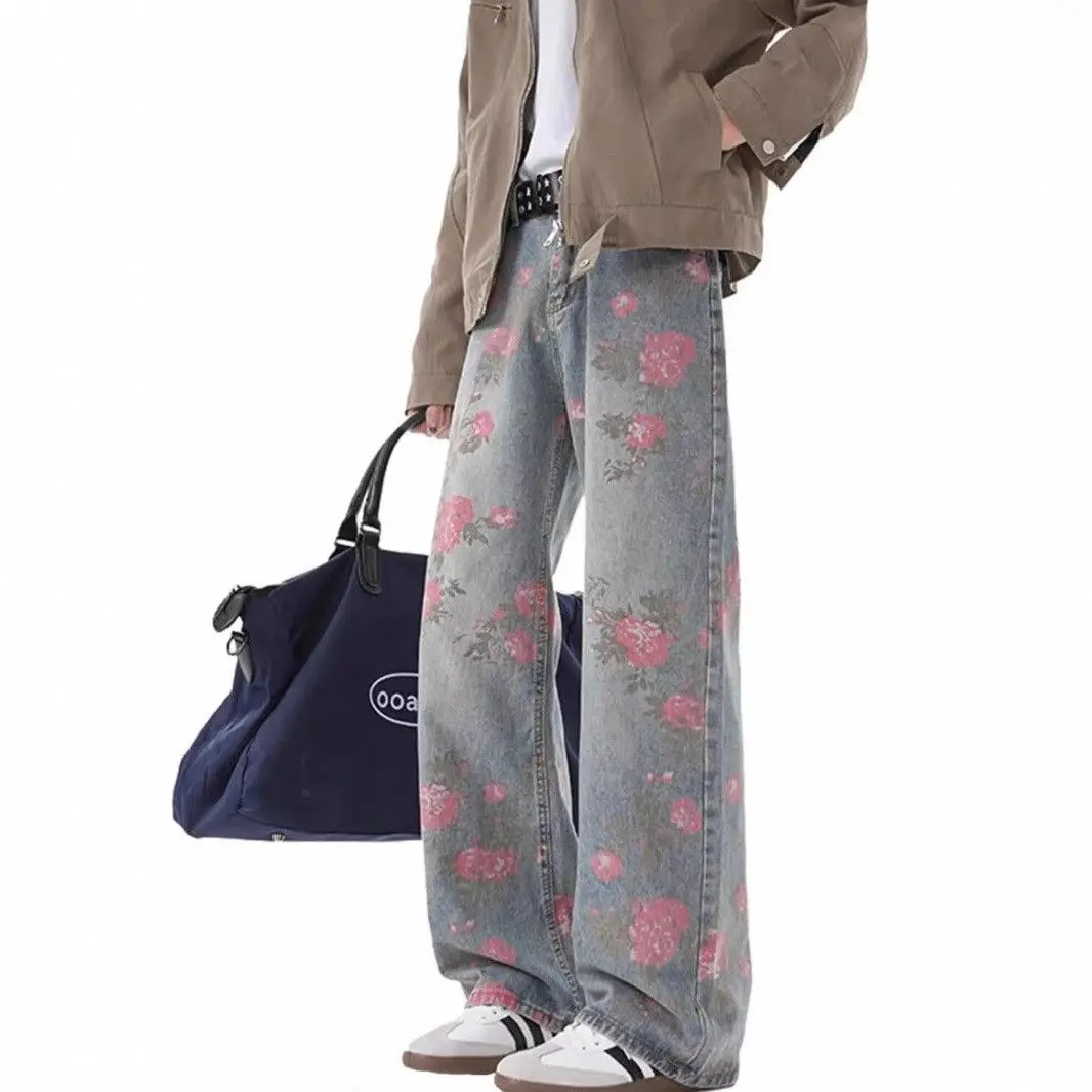 

American Casual Denim Jeans Mid-Term Floral Print Washed Wide Leg Trendy New Style Loose Straight Cut Cotton Polyester Blend