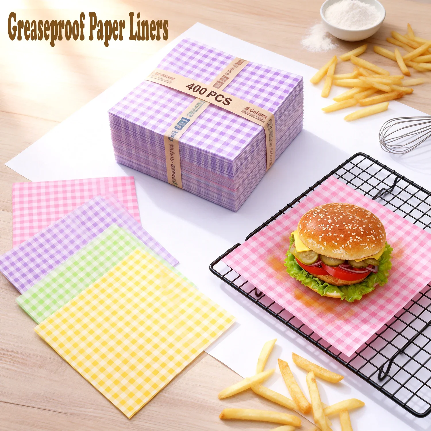 400Pcs Greaseproof Paper Liners Sandwich Wrapping Paper 4 Colors Wax Paper Sheets for BBQ Picnic Festival Party Fast Food
