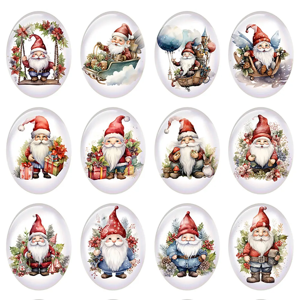 10pcs/lot Christmas X-mas Winter Gnomies Santa Oval Photo Glass Cabochon Charms Flatback Demo Cameo For Diy Jewelry Making