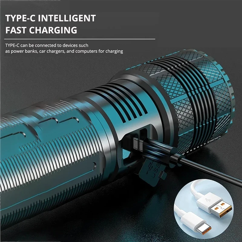 Portable Powerful 80W LED Flashlights 7800mah Built-in Battery Type-C Charging Tactical Torch Emergency Spotlights Camping Lamp