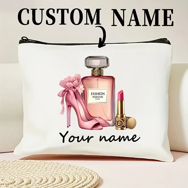 Custom Name Makeup Bag - Stylish Floral Design with Perfume Bottle and High Heel Patterns, Beige Zippered Cosmetic Pouch