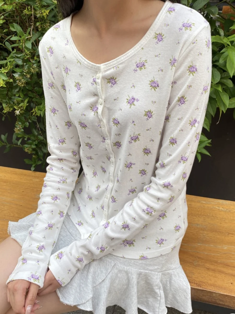 الأرجواني الأزهار سترة طويلة الأكمام تي شيرت المرأة الجديدة مغرفة الرقبة واحدة الصدر تي شيرت الحلو القطن عادية سليم التي شيرت بلايز #2