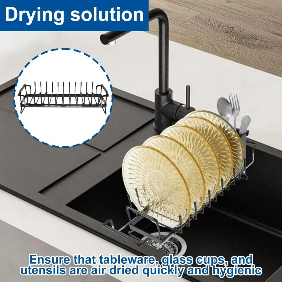2 قطعة رف تجفيف الأطباق القابل للتوسيع من الفولاذ الكربوني لتمديد الأطباق تجفيف الأطباق متعدد الوظائف حامل أواني رف توفير المساحة للمطبخ