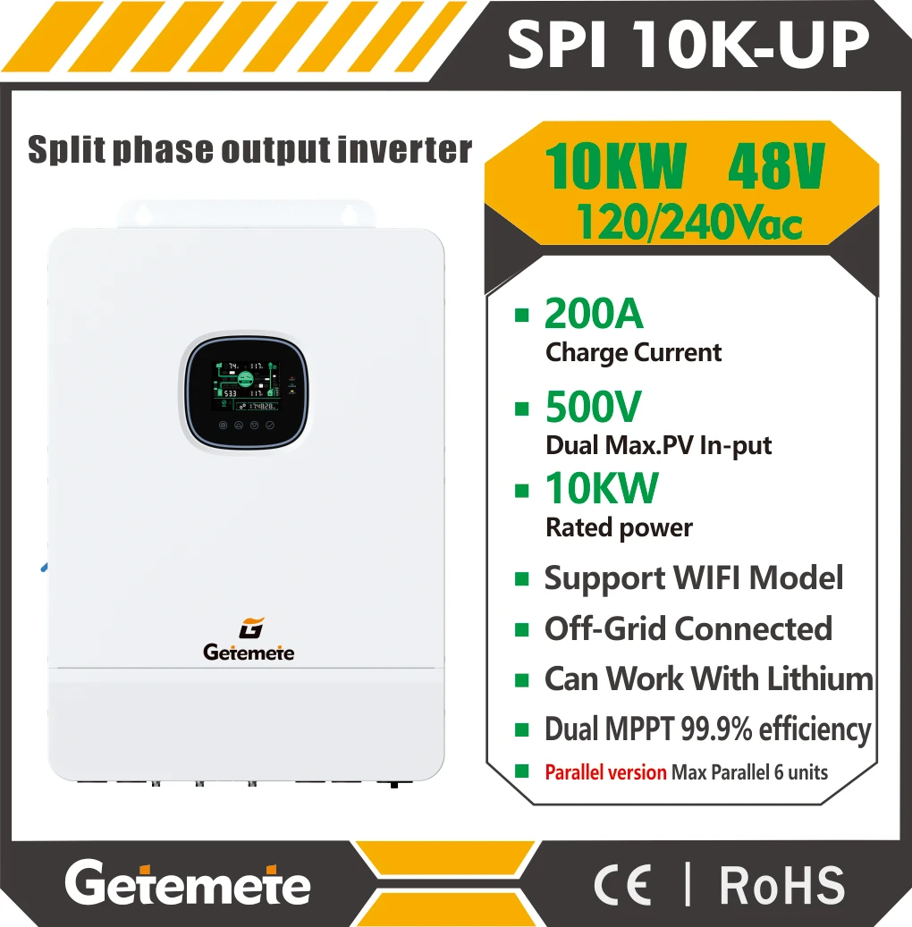 Getemete 10KW 48V 110/240VAC Dual MPPT Max 22A Charge Current Max PV 500V Support Split-phase/single-phase Hybrid Solar Inverter