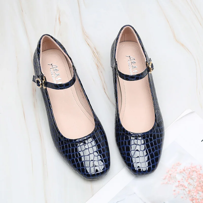 Plaid Slip-on Patent Leather Black Medium Heels Ladies Lolita Mary Jane Shoes Comfortable Women\'s Shoe Pumps Moccasin Woman Boat