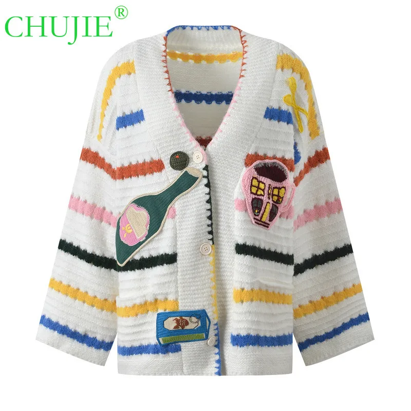 

CHUJIE 2025 Autumn Winter New Design Rainbow Striped Loose Lazy Style V-neck Knitted Cardigan Sweater