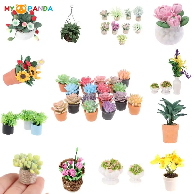 1/12 Doll House Miniature Flowers Fairy Garden Ornament Mini Potted Plant Flowers Pot DollHouse Decor Bonsai Model House Decor