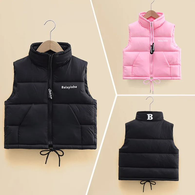 Children Vest Jacket Coat Letter Pull Rope Zipper Sleeveless Warm Boy Girl Outerwear 2023 Autumn Winter Teenager Kids Waistcoat