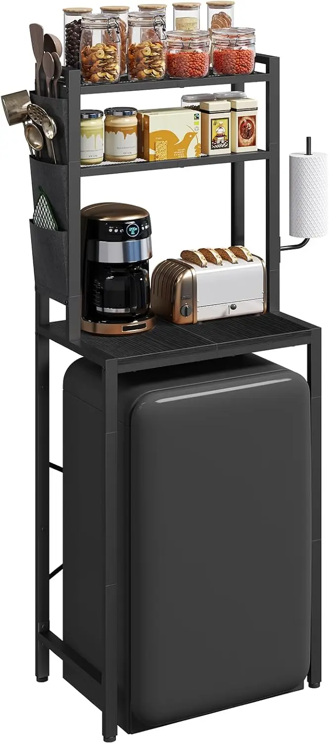 

3-Tier Microwave Stand with Mini Fridge Shelf, Coffee Bar Station, Paper Towel Holder, Freestanding Kitchen Storage Rack, Black