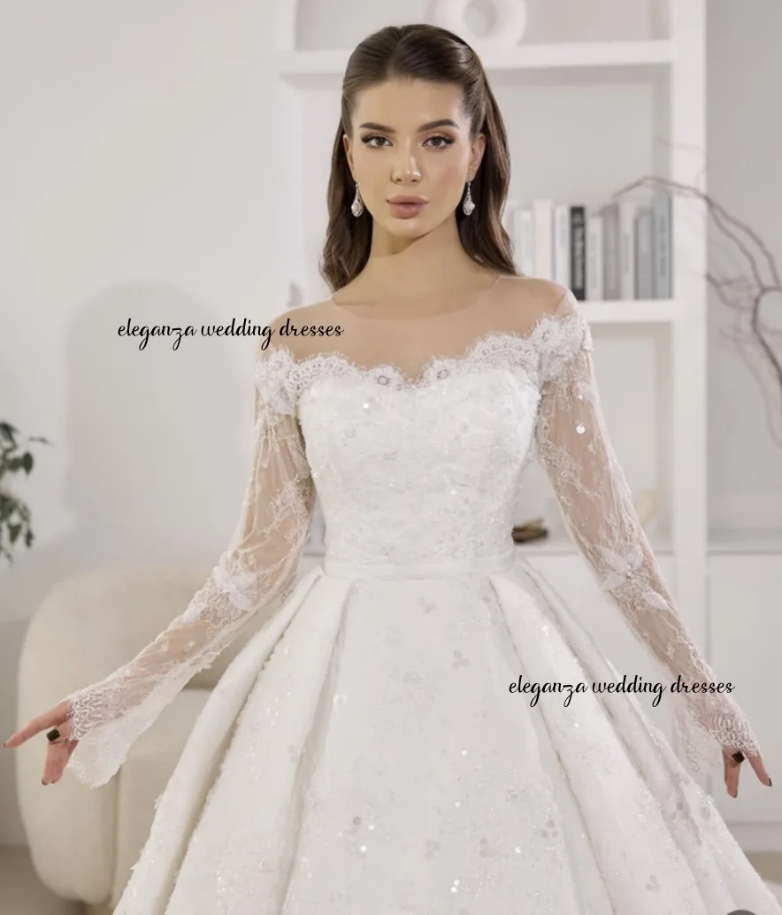 맞춤형 반짝반짝 우아한 연인 칼라 레이스 웨딩 드레스, 긴팔 푹신한 스커트 웨딩 드레스 Vestido De Novia