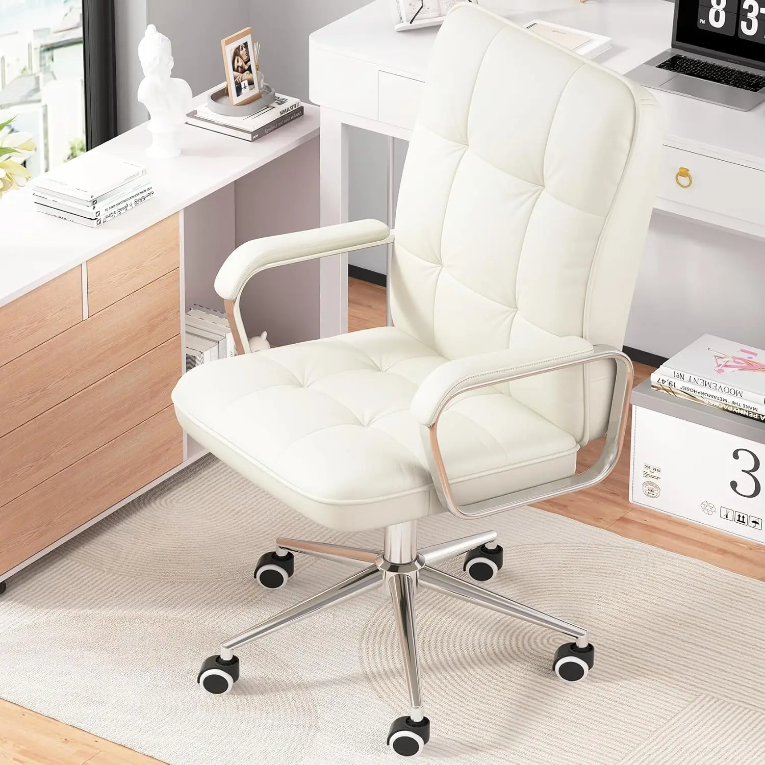 Home Office Desk Chair, Swivel Computer Desk Chair with Wheels and Padded Arms, Soft Leather, Adjustable Height and Tilt (White)