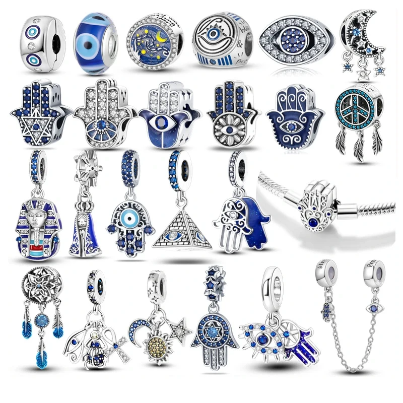 Blue 100% Silver Plated Lucky Egyptian Fatima Hamsa Hand Evil Eye Beads Charm Fit Original Bracelet Necklace Pendent Jewelry